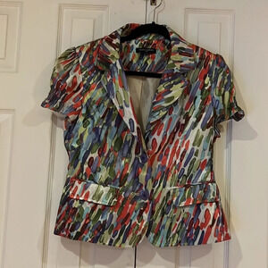 Mario Serrani  Made in Italy paisley rain print silky collar top Sz 12